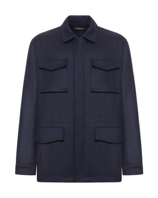 Kiton Blue Flap-Pocket Cashmere Coat for men