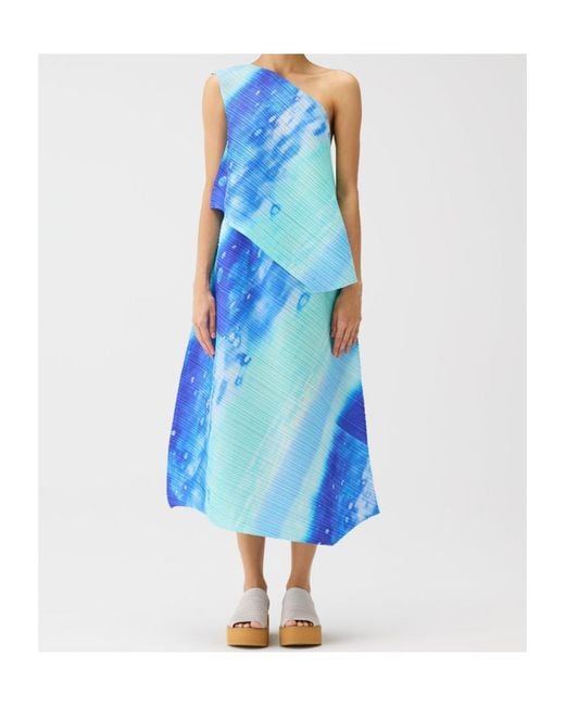 Pleats Please Issey Miyake Blue Pleated One-Shoulder Top
