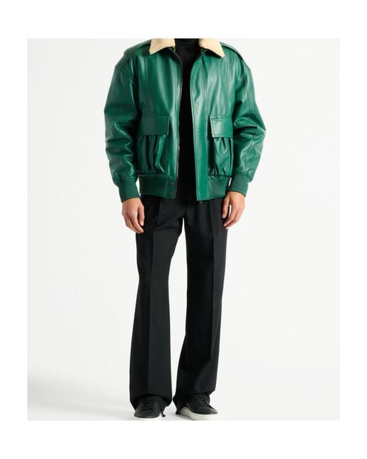 Balmain Green Shearling Leather Bomber Jacket for men