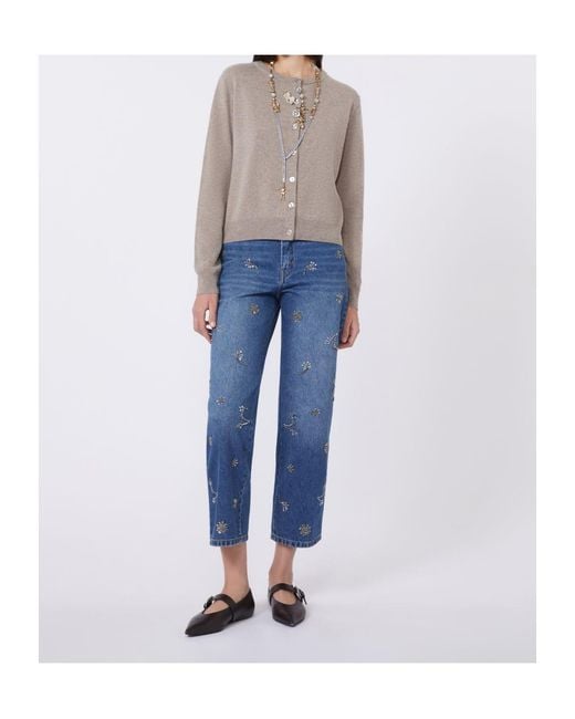Weekend by Maxmara Blue Embellished Cotton Cropped Trousers
