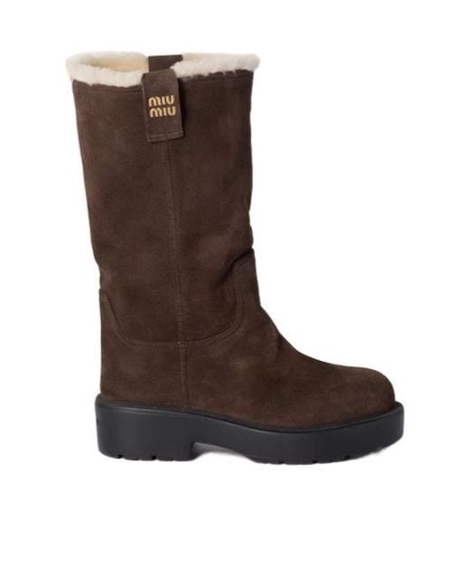 Miu Miu Brown Shearling Trim Platform Boots