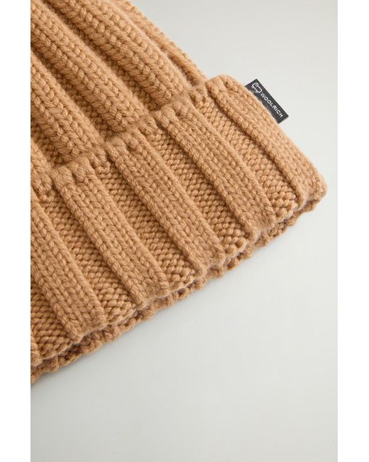 Woolrich Natural Logo Patch Pompom Detailed Beanie