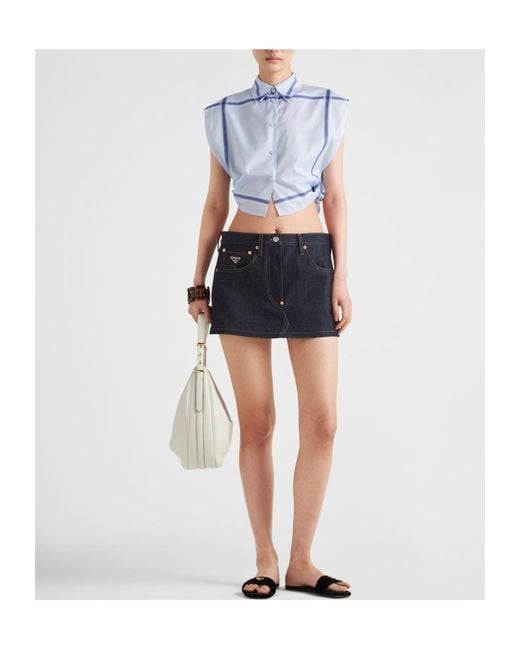 Prada Blue Checked Cropped Cotton Shirt