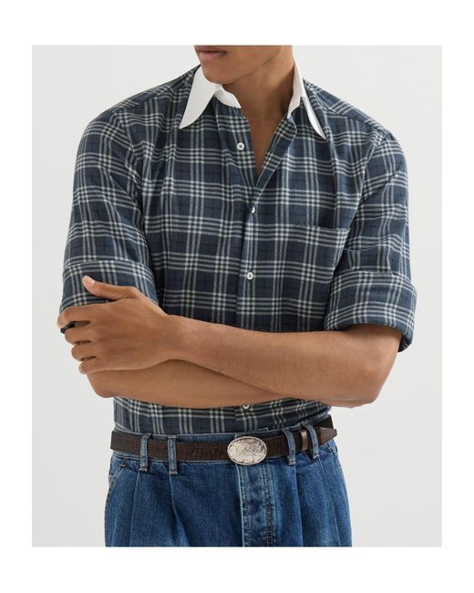 Brunello Cucinelli Blue Cotton And Lyocell Tartan Flannel Shirt With Contrast Italian Collar And Cuffs for men