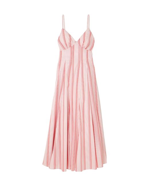 Rosie Assoulin Pink Gathered Striped Cotton Midi Dress
