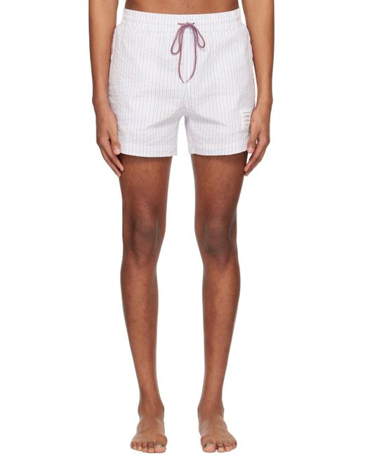 Thom Browne White Stripe-Print Swim Shorts for men