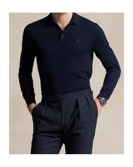 Polo Ralph Lauren Blue Logo Embroidered Long-Sleeved Polo Shirt for men