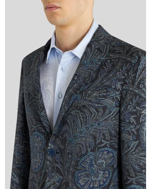 Etro Blue V-Neck Floral Printed Blazer for men