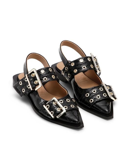 Ganni Black Embossed Patent Feminine Buckle Ballerinas
