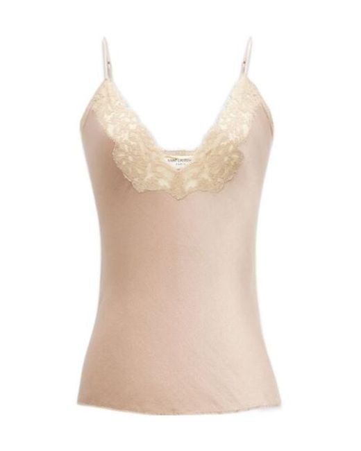 Saint Laurent Natural V-Neck Lace Detailed Lingerie Top