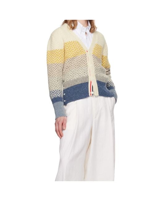 Thom Browne Blue Stripe-Jacquard V-Neck Cardigan for men