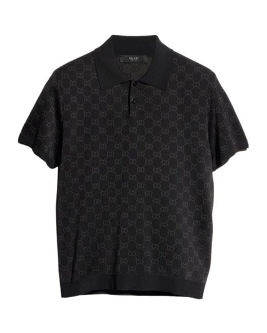 Gucci Black Viscose Gg Jacquard Polo Shirt for men