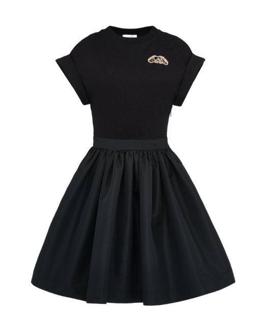 McQueen Black Seal-Logo Panelled Crewneck Mini Dress