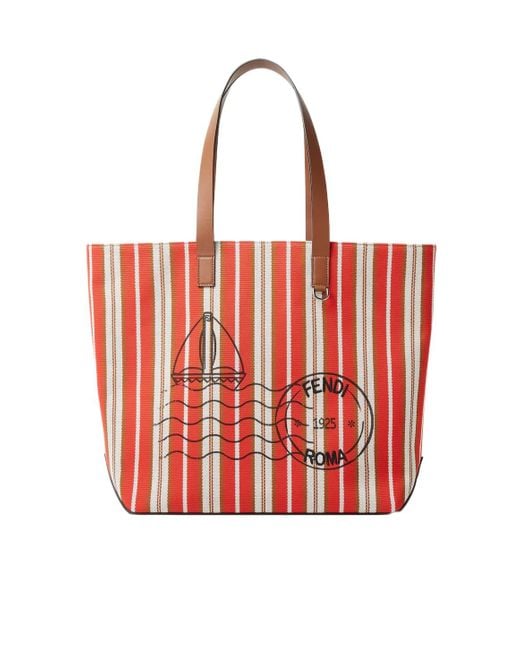 Fendi Red Logo Printed Striped Medium Tote Bag for men