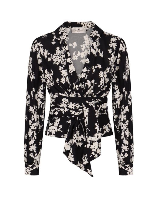 Elisabetta Franchi Black Georgette Blouse With Floral Pattern And Waist Sash