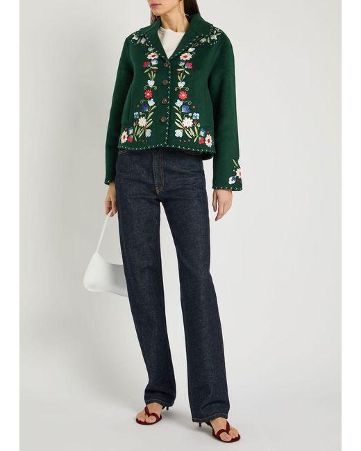 Rixo Green Jude Floral-Embroidered Wool-Blend Jacket