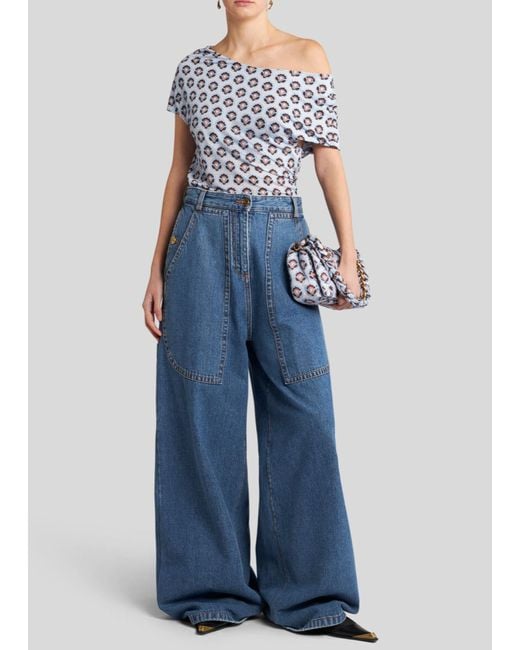 Etro Blue Pattern-Printed Off-Shoulder Asymmetric Top