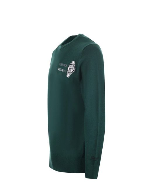 Mc2 Saint Barth Green Embroidered Crewneck Knitwear for men
