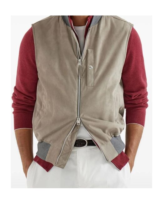 Brunello Cucinelli Brown Suede Chest-Pocket Gilet for men