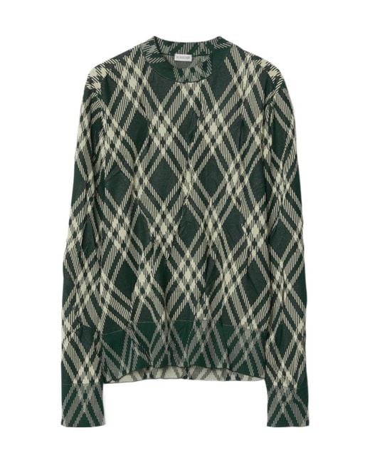 Burberry Green Plaid-Check Crinkled-Effect Crewneck Jumper for men