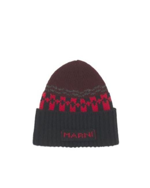 Marni Red Wool Beanie With Geometric Motif for men
