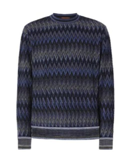 Missoni Blue Crew Neck Sweater With 3D Zigzag Pattern for men