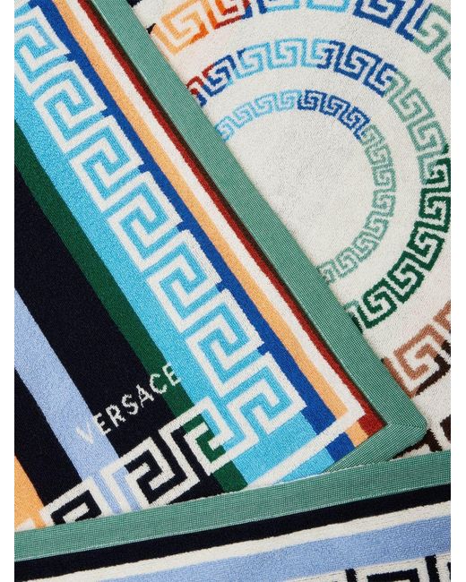 Versace Blue Striped Cotton-Terry Jacquard Bath Towel for men