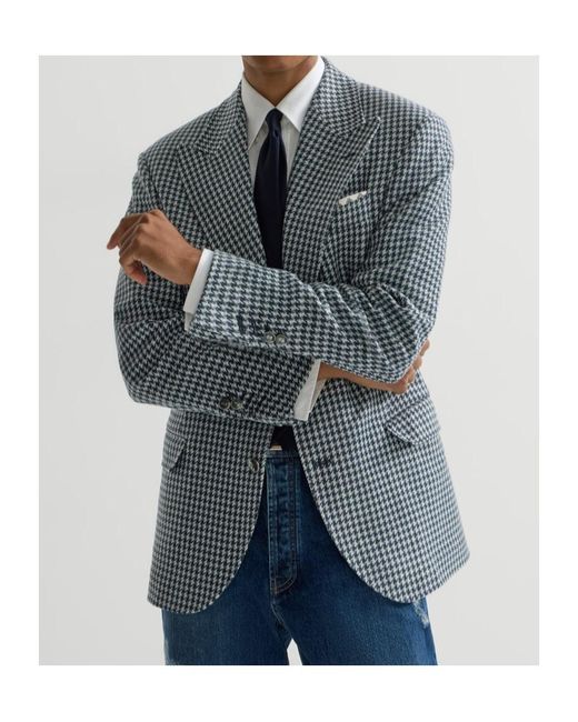 Brunello Cucinelli Blue Houndstooth-Pattern Blazer for men