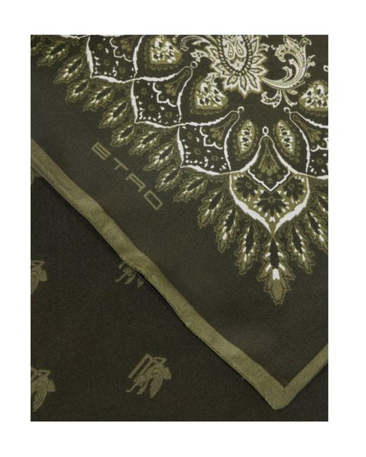 Etro Green Silk Scarf With Paisley Motif And Pegaso for men