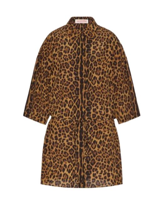 Valentino Brown Leopard Print Crepe Chine Shirt