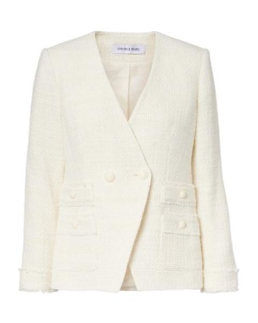 Veronica Beard White Double-Breasted Tweed Blazer