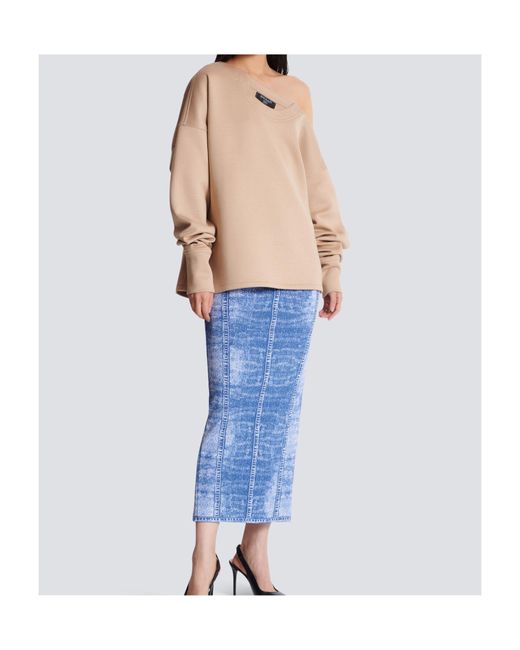 Balmain Natural Asymmetrical Jersey Off-The-Shoulder Sweatshirt