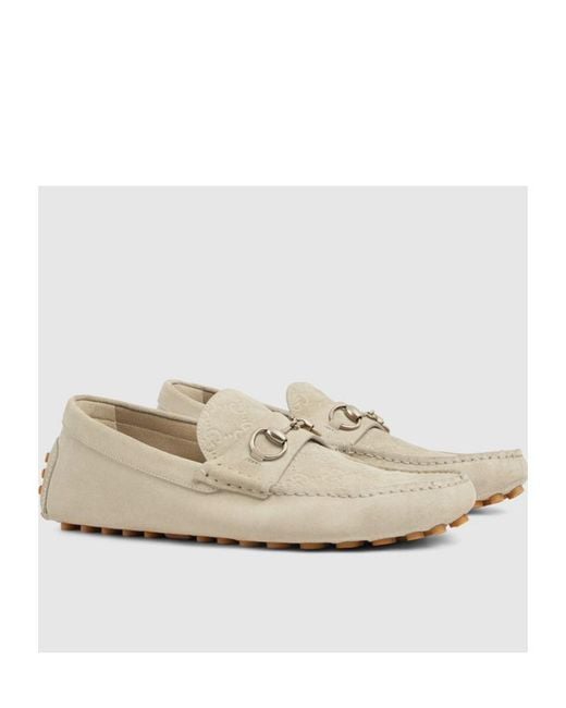 Gucci White Horsebit Monogrammed Loafers for men