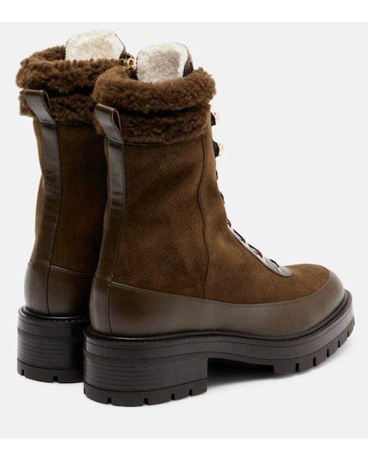 Aquazzura Brown Shearling-Trimmed Suede Lace-Up Boots