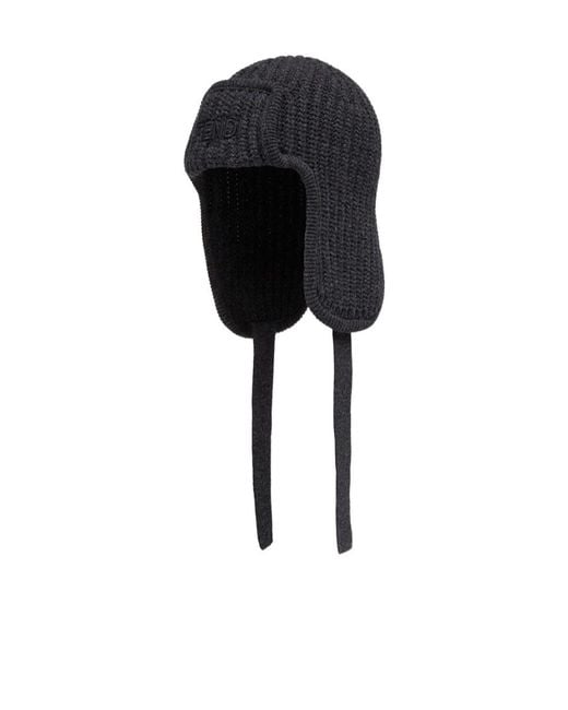Fendi Black Ribbed Beanie Hat for men