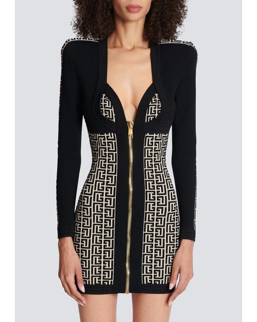Balmain Black Monogrammed Bodycon Knitted Dress