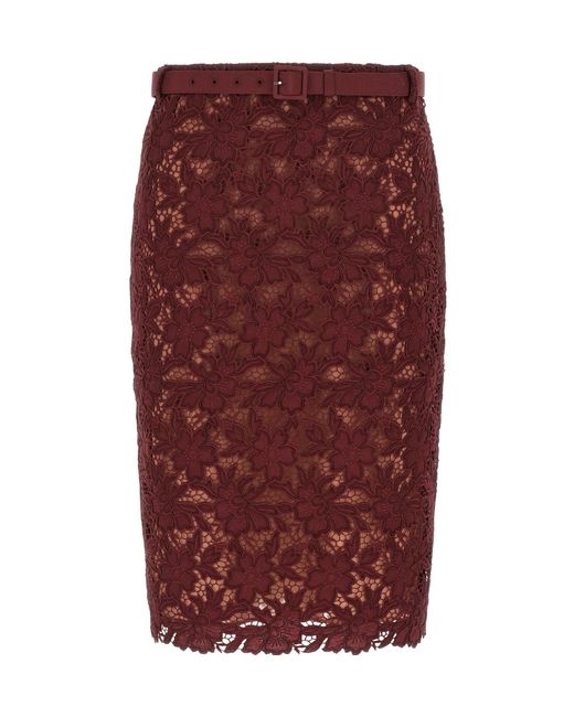 Self-Portrait Red Guipure Lace Midi Skirt