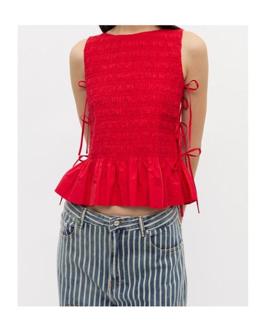 Ganni Red Smock Tie Top