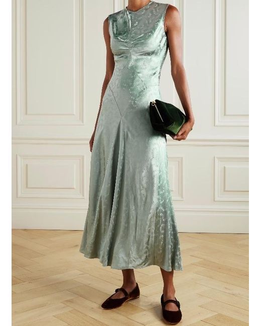 Doen Green Ginette Paneled Floral-Jacquard Satin Midi Dress