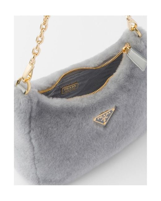 Prada Gray Logo Plaque Zipped Shoulder Bag