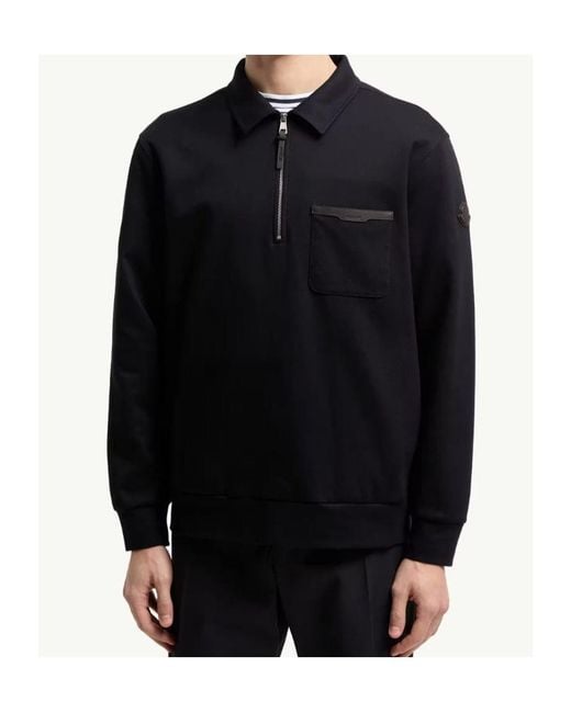 Moncler Blue Leather Logo Half-Zipper Sweatshirt for men