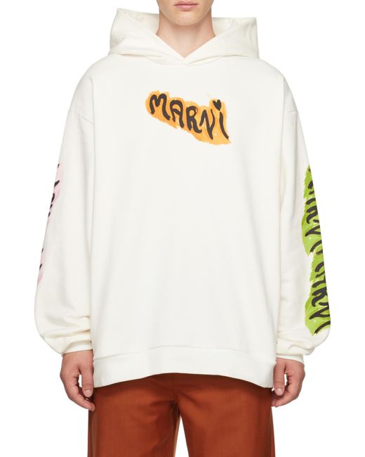 Marni White Graffiti Printed Long Sleeved Hoodie for men