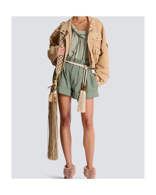 Balmain Gray Pleated Belted High-Waist Shorts