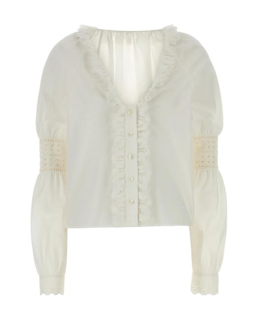 Alberta Ferretti White V-Neck Ruffled Poplin Shirt