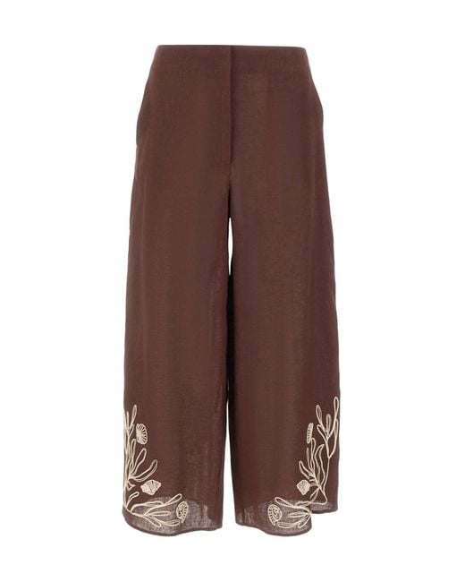 Marella Brown Embroidered Casual Pants