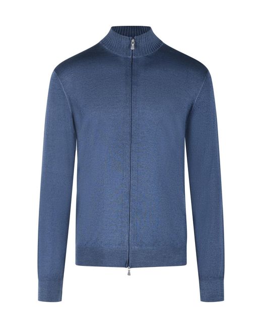 Gran Sasso Blue Ribbed Collar Zip Knitted Sweater for men