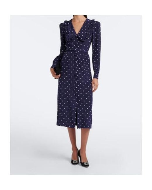 Alessandra Rich Blue Belted Polka-Dot Silk Midi Dress