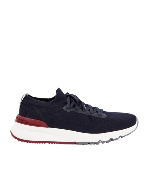 Brunello Cucinelli Blue Knitted Leather-Trimmed Sneakers for men