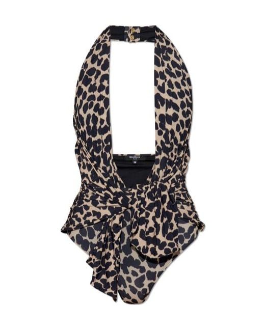 Balmain Black Leopard Printed One Piece Swimsuit