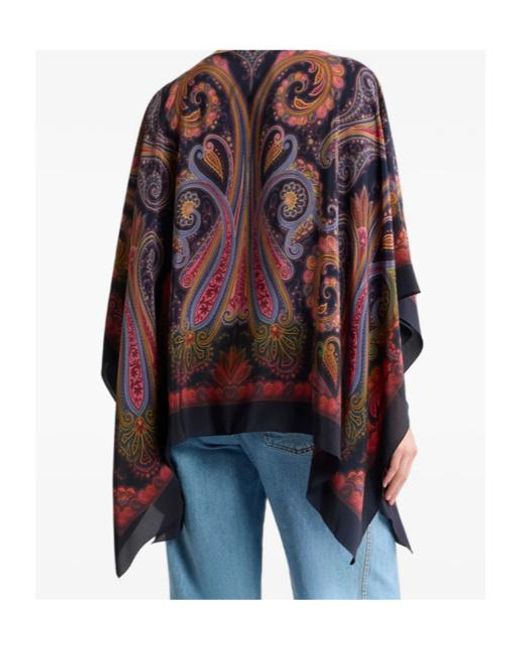 Etro Blue Silk Poncho Top With Paisley Degradé Motif
